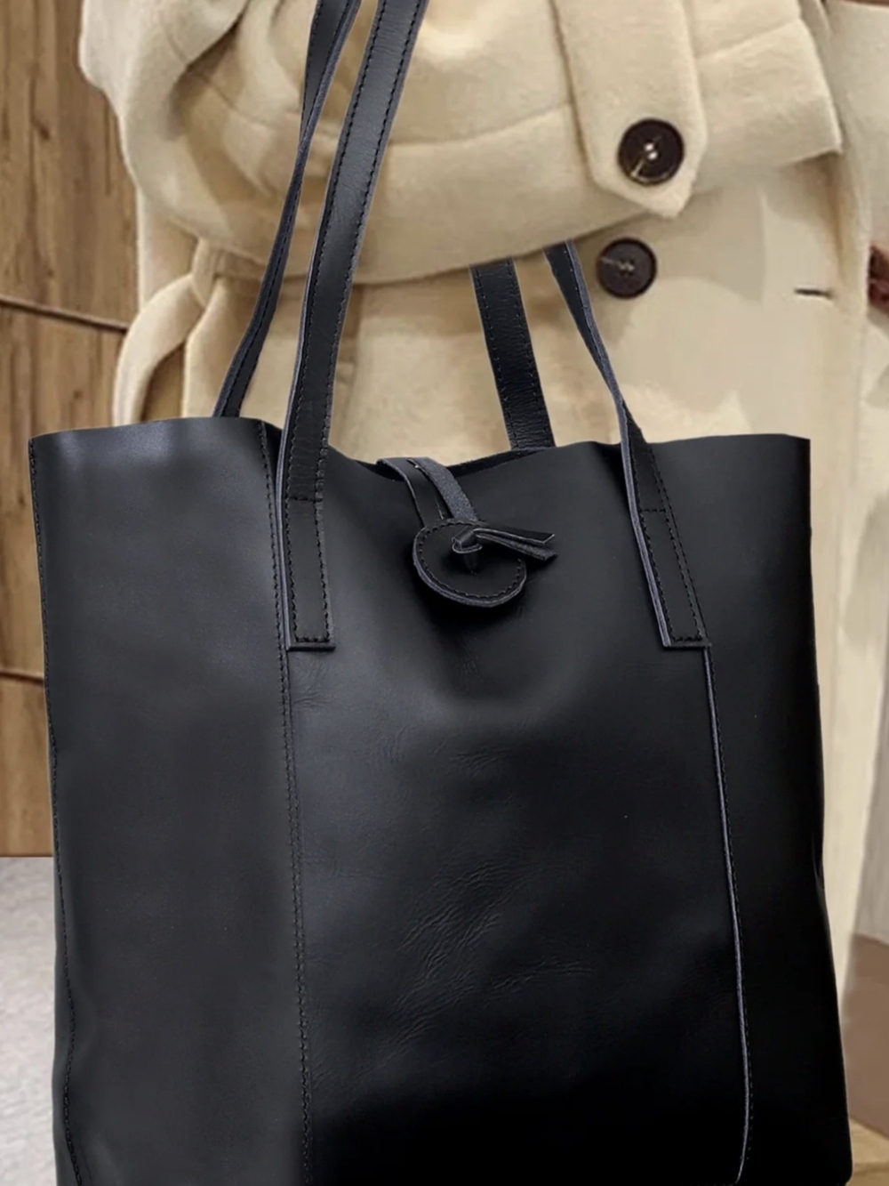 Vintage Black Genuine Leather Tote Bag Full Grain Minimalist